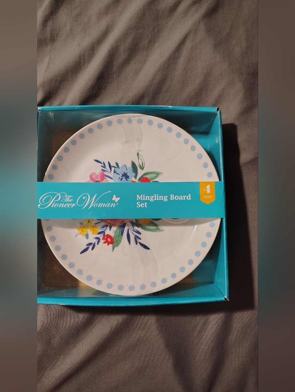 The Pioneer Woman White Mingling Board with Blue Polka Rim and Multicolor Floral
